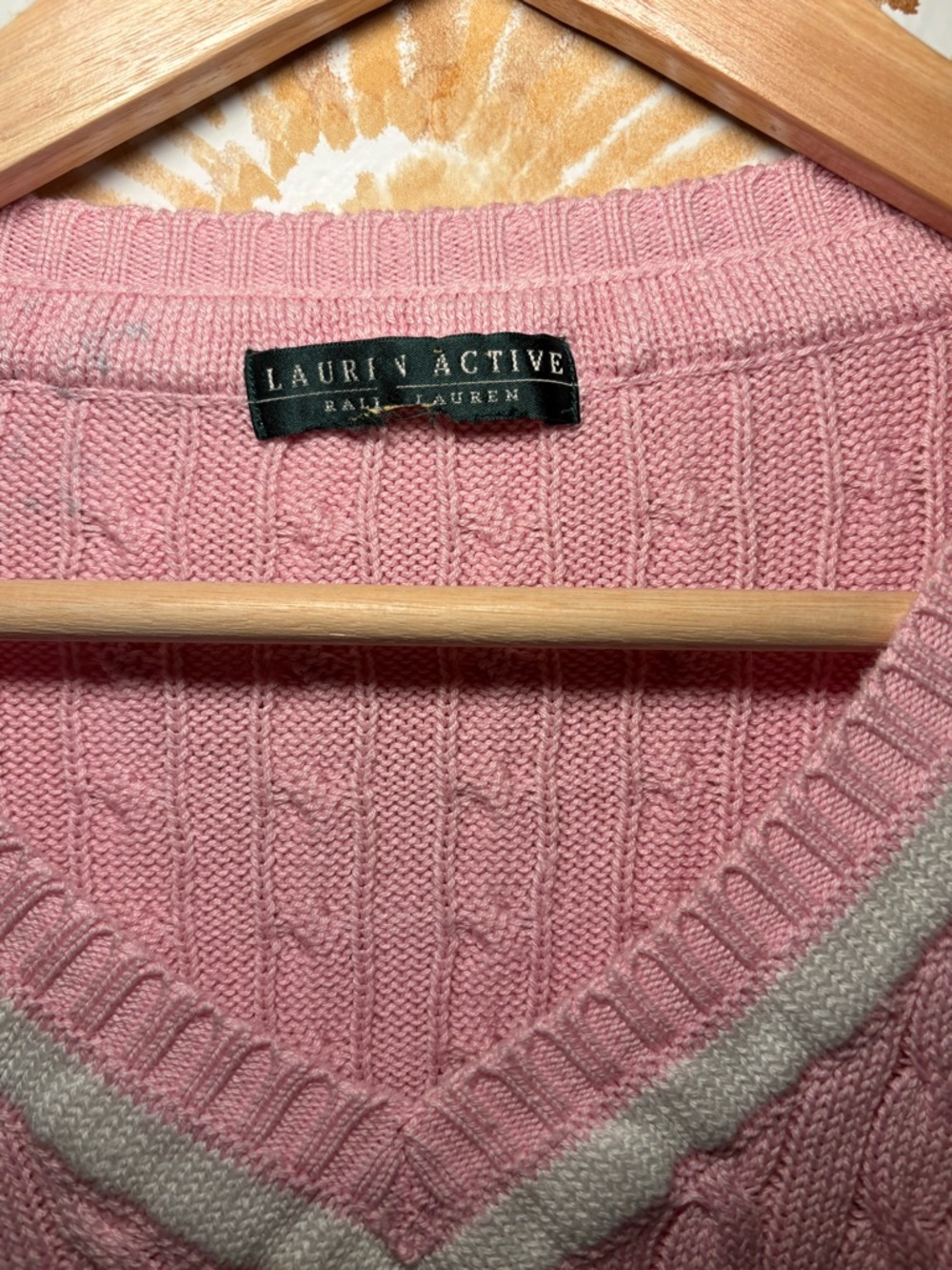 Lauren Active Vintage Pink Cable Knit V-Neck Sweater | Preppy Chic | Soft Cozy - Picture 3 of 5